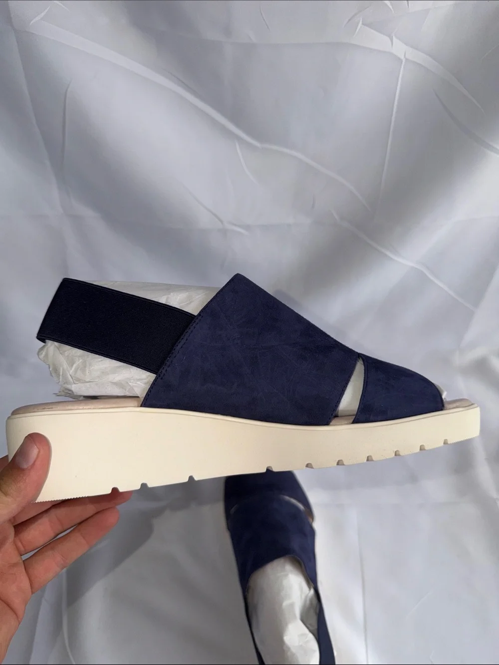 Johnston & Murphy Cassandra Navy Italian Kid Suede Wedge Slingback Sandals Sz 10